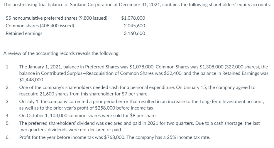 Solve the Statement of Changes in Shareholder's Equity The post-closing trial