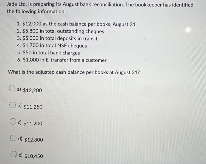 Bank Reconciliation Accounting Question - confusing Jade Ltd. is preparing its August