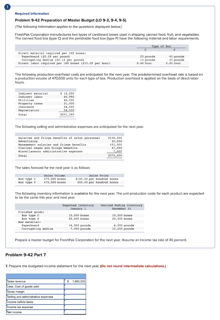Please help fill in the table! Required information Problem 9-42 Preparation of