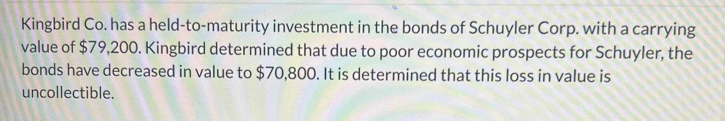  Kingbird Co. has a held-to-maturity investment in the bonds of Schuyler