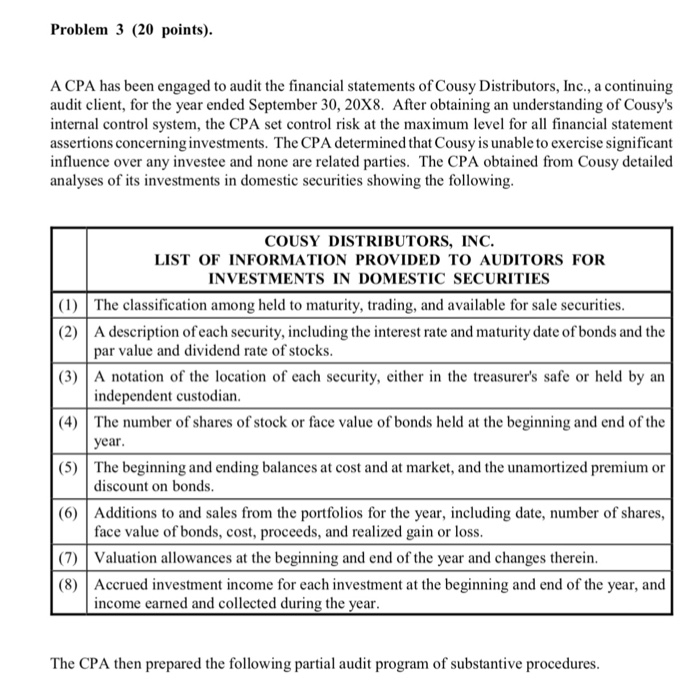  Problem 3 (20 points). A CPA has been engaged to audit