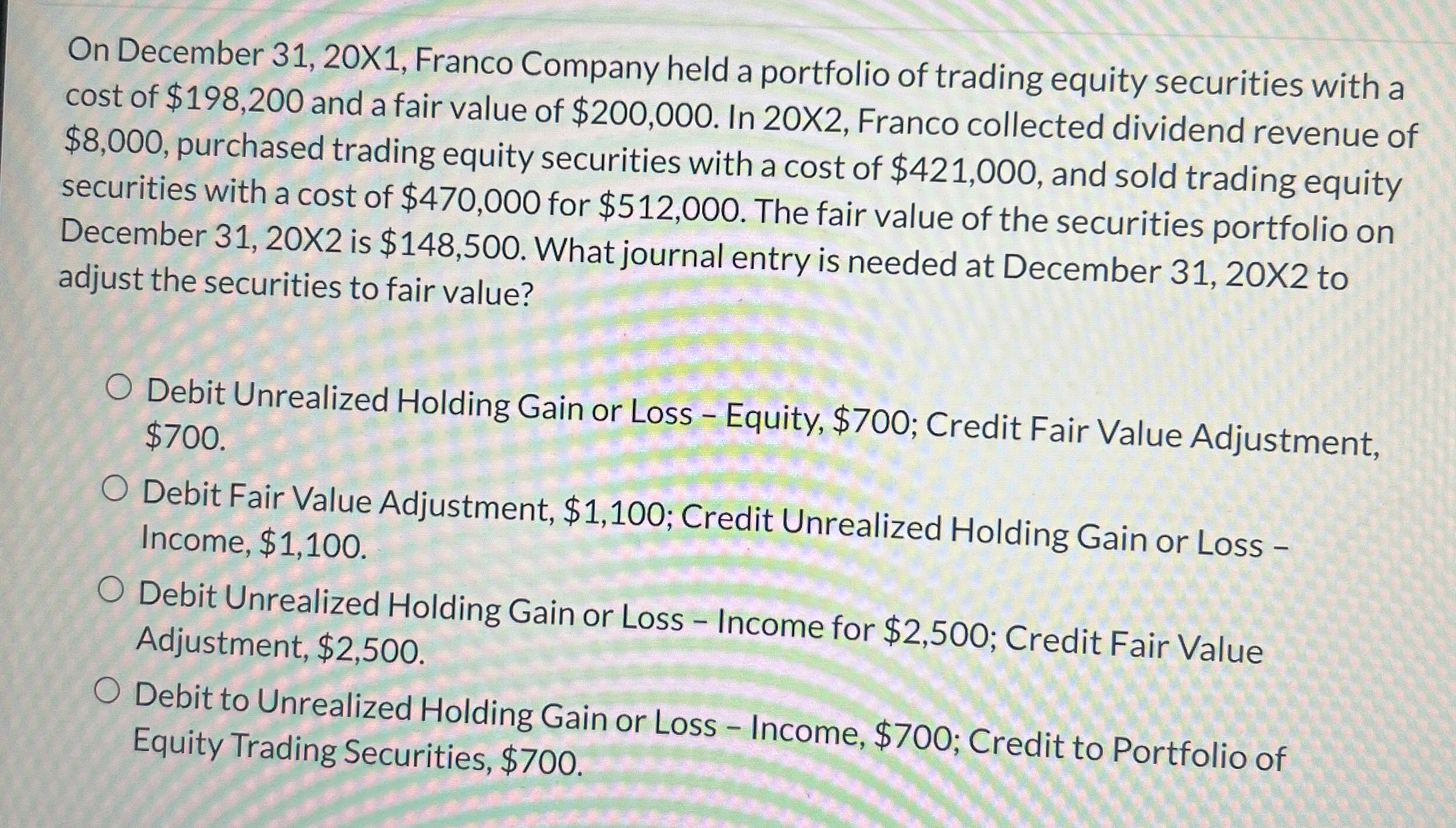  On December 31,20X1, Franco Company held a portfolio of trading equity
