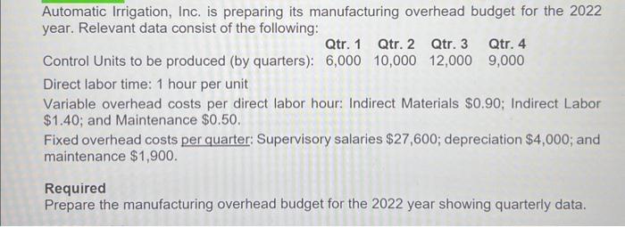  Automatic Irrigation, Inc. is preparing its manufacturing overhead budget for the