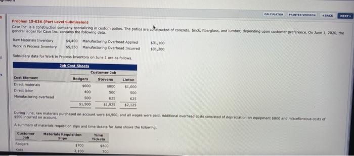  CALCULATOR PRINTER VERSION BACK NENT Problem 15-03A (Part Level Submission) Case