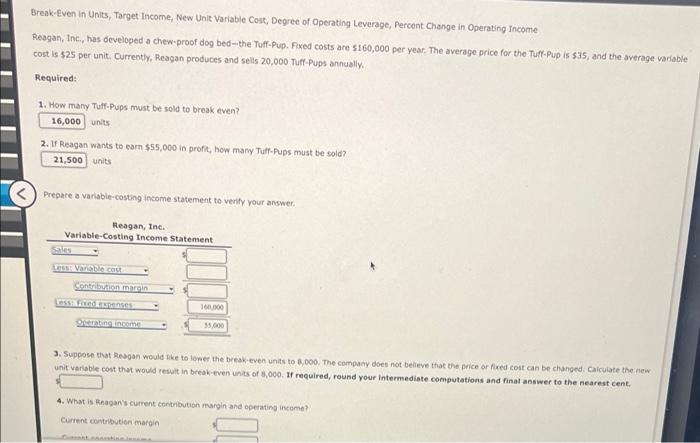 v Break.Even In Units, Target Incorne, New Unit Variable Cost, Degree of