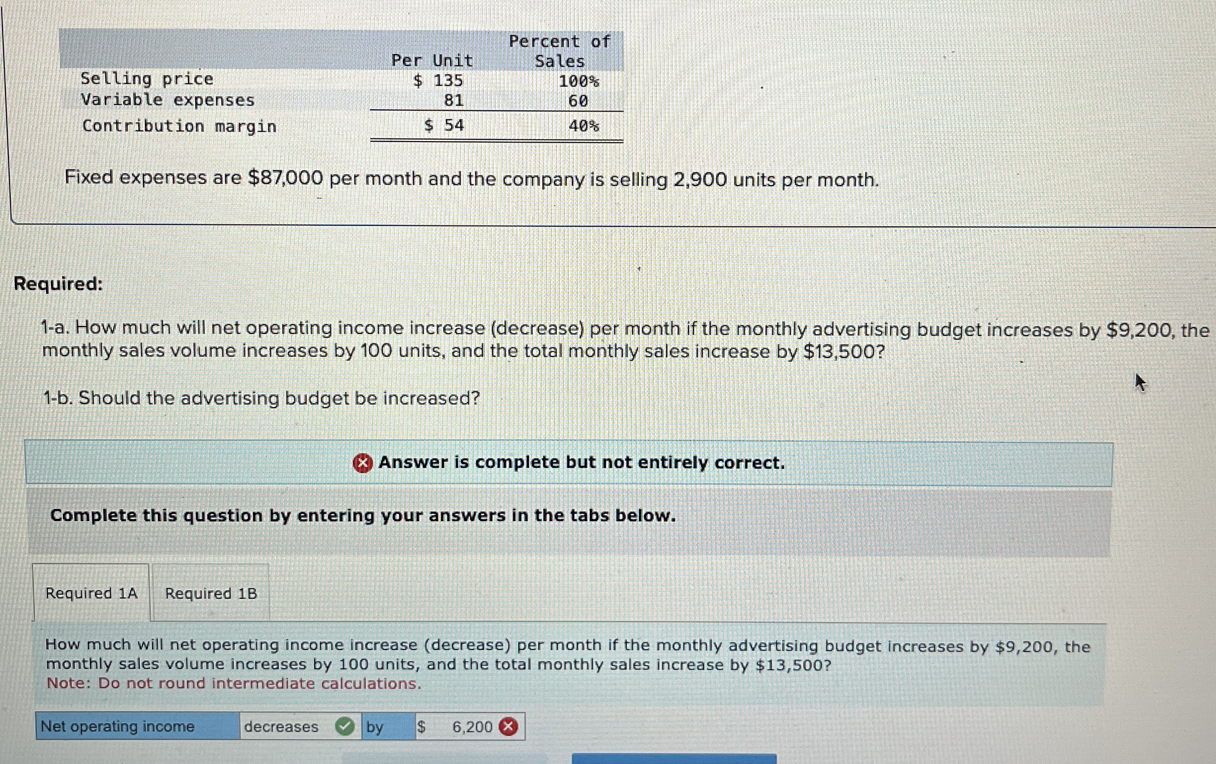  \table[[,Per Unit,\table[[Percent of],[Sales]]],[Selling price,$ 135,100%],[Variable expenses,81,60],[Contribution margin,$ 54,40%]] Fixed expenses are
