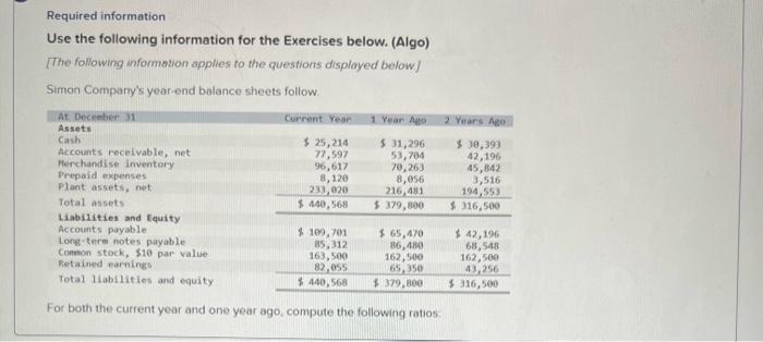  Required information Use the following information for the Exercises below. (Algo)