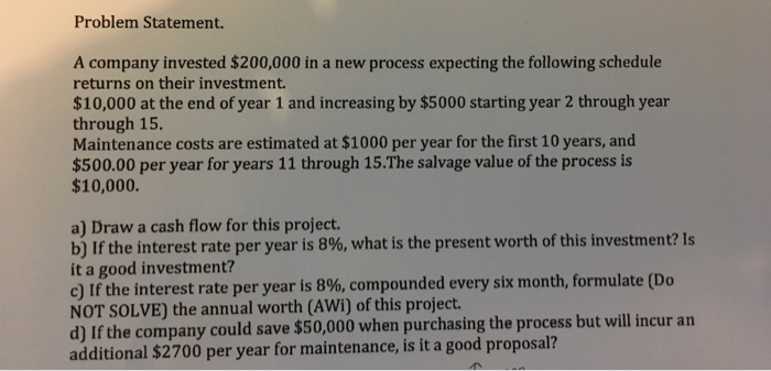 Problem Statement. A company invested $200,000 in a new process expecting