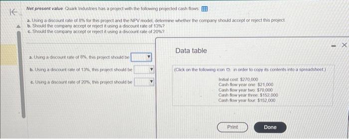  a-c accept or reject ?? Net present value Quark Industries has