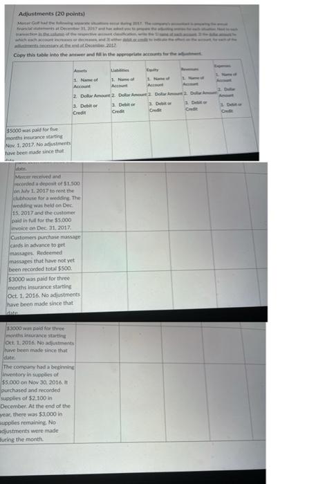  Adjustments (20 points) which chi Copy this table into the arter
