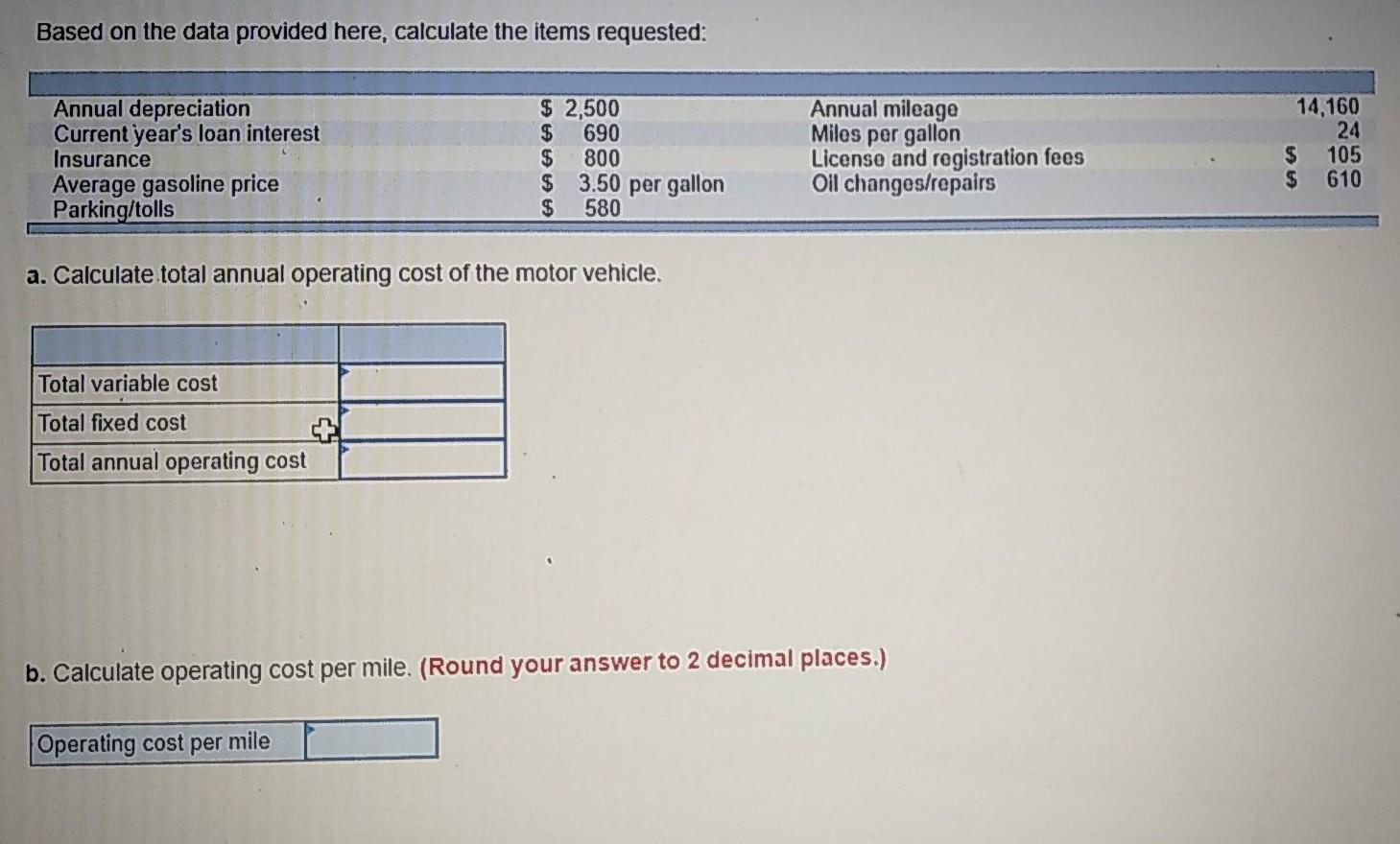  Based on the data provided here, calculate the items requested: Annual