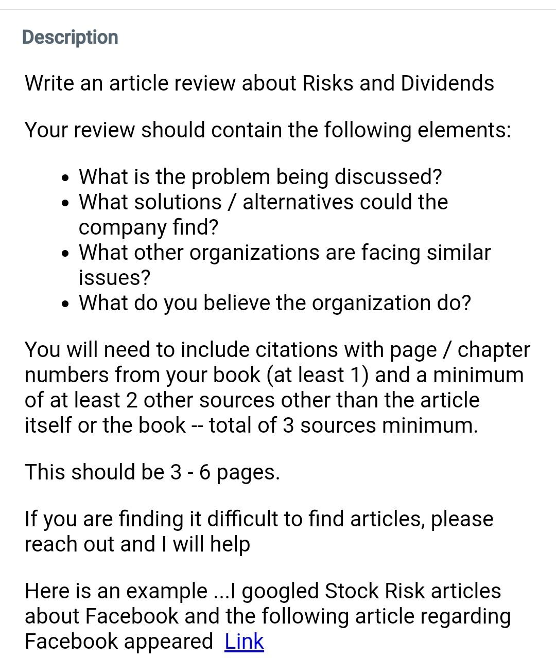 Description Write an article review about Risks and Dividends Your review