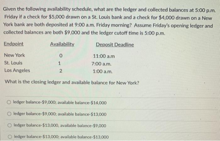  Given the following availability schedule, what are the ledger and collected