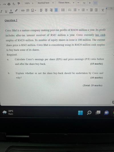  Normal text Times New... 12 *** - X Question 2 Cress