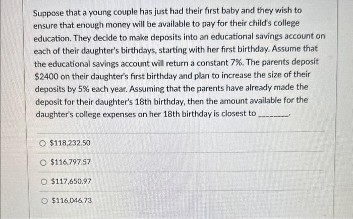 please help sos Suppose that a young couple has just had their