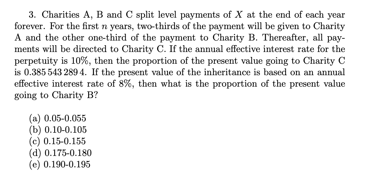  3. Charities A, B and C split level payments of X