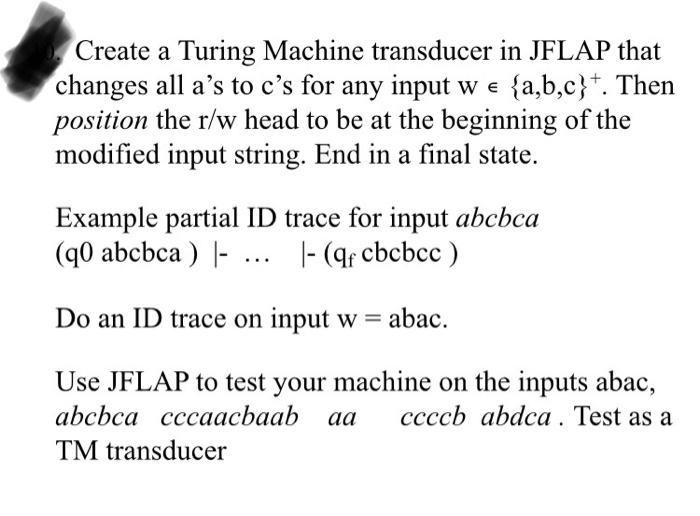  Create a Turing Machine transducer in JFLAP that changes all a's
