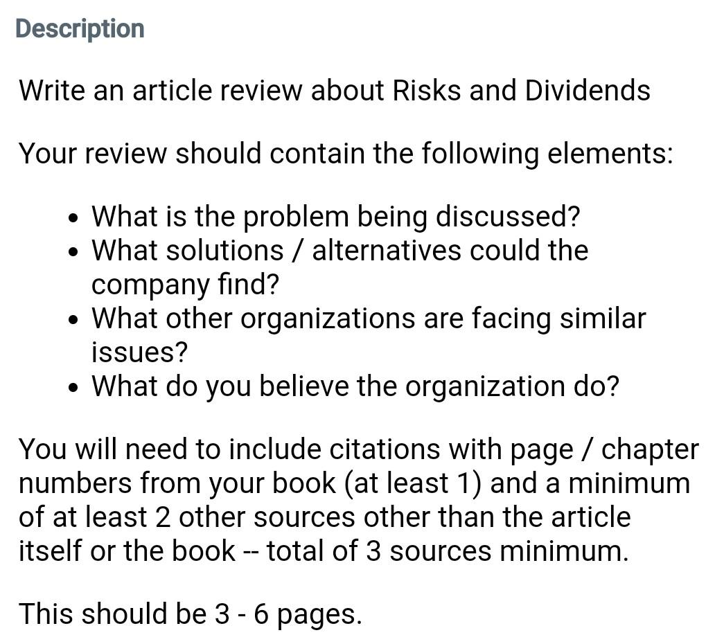 Description Write an article review about Risks and Dividends Your review