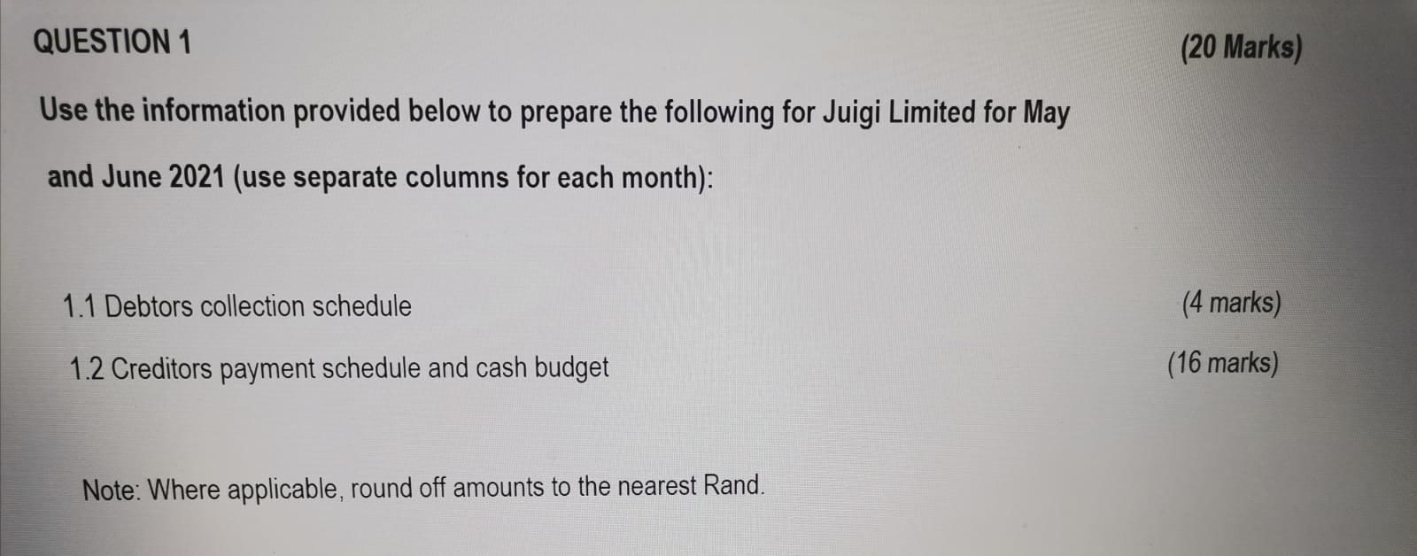 QUESTION 1 (20 Marks) Use the information provided below to prepare