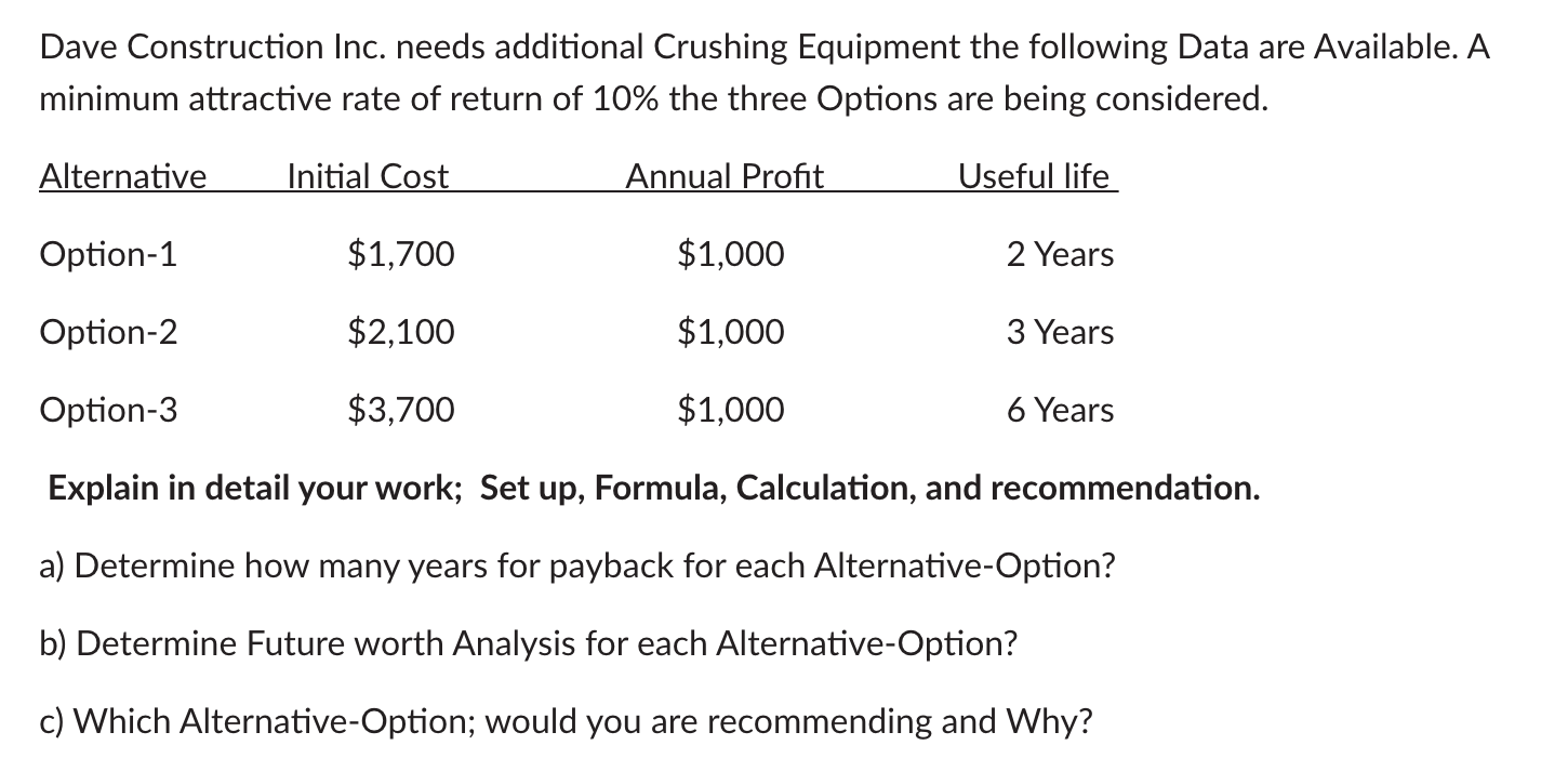 Dave Construction Inc. needs additional Crushing Equipment the following Data are
