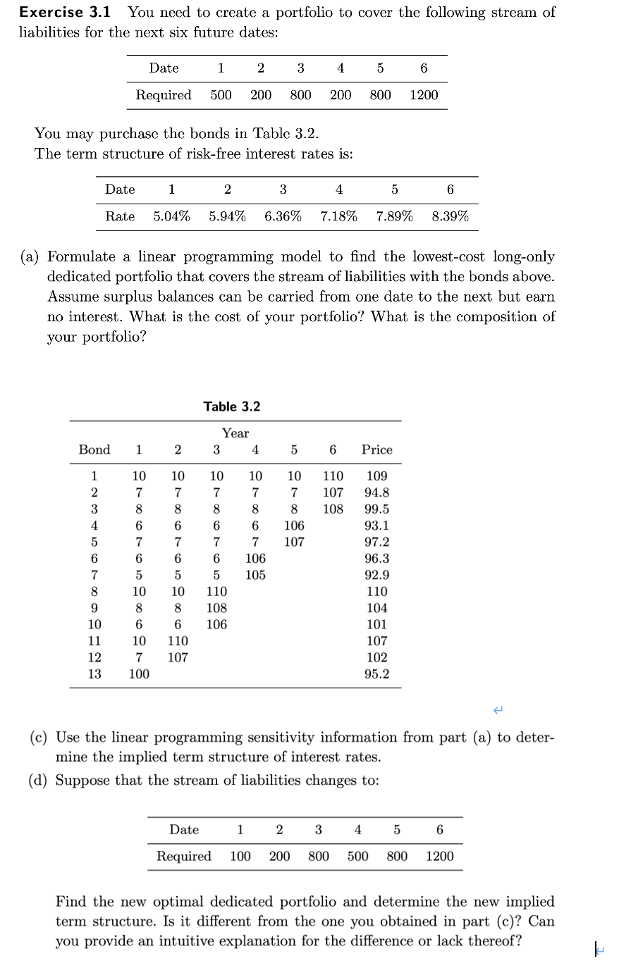  Exercise 3.1 You need to create a portfolio to cover the