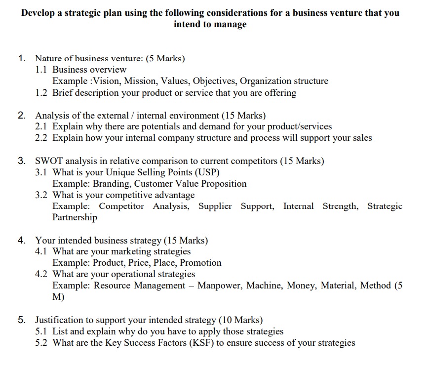  Develop a strategic plan using the following considerations for a business