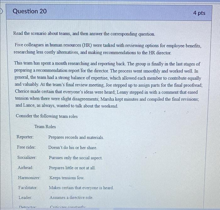 Solve clearly Question 20 4 pts Read the scenario about teams, and