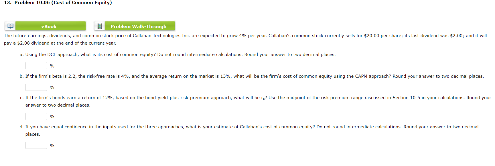 13. Problem 10.06 (Cost of Common Equity) EE eBook Problem Walk-Through
