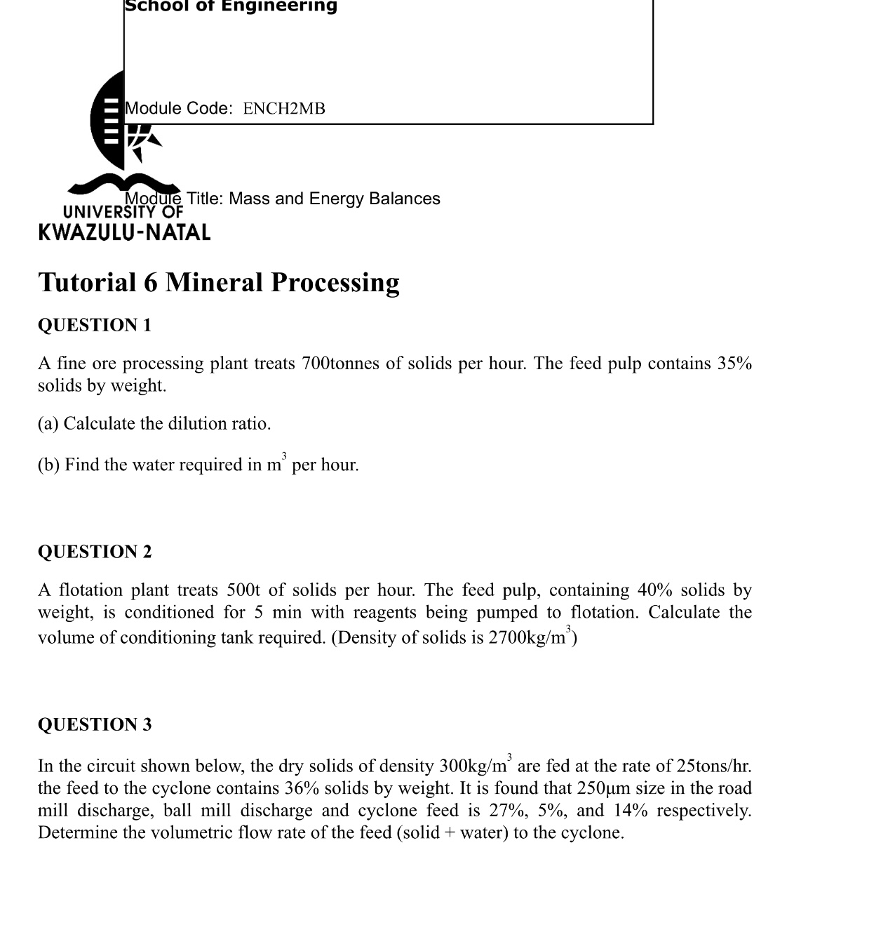  School of Engineering Module Code: ENCH2MB Module Title: Mass and Energy
