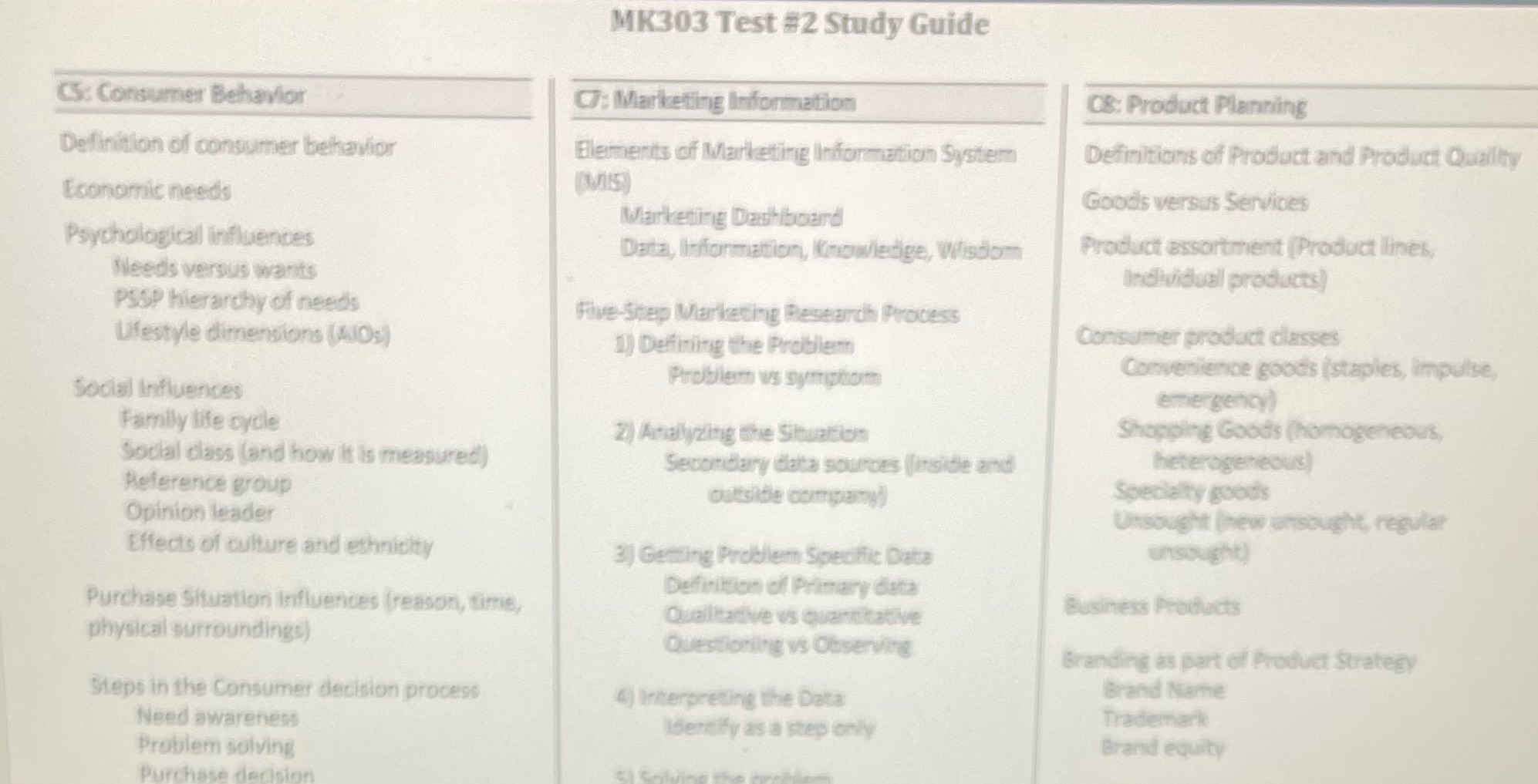 MK303 Test #2 Study Guide CS: Consumer Behavior C7: Marketing Information