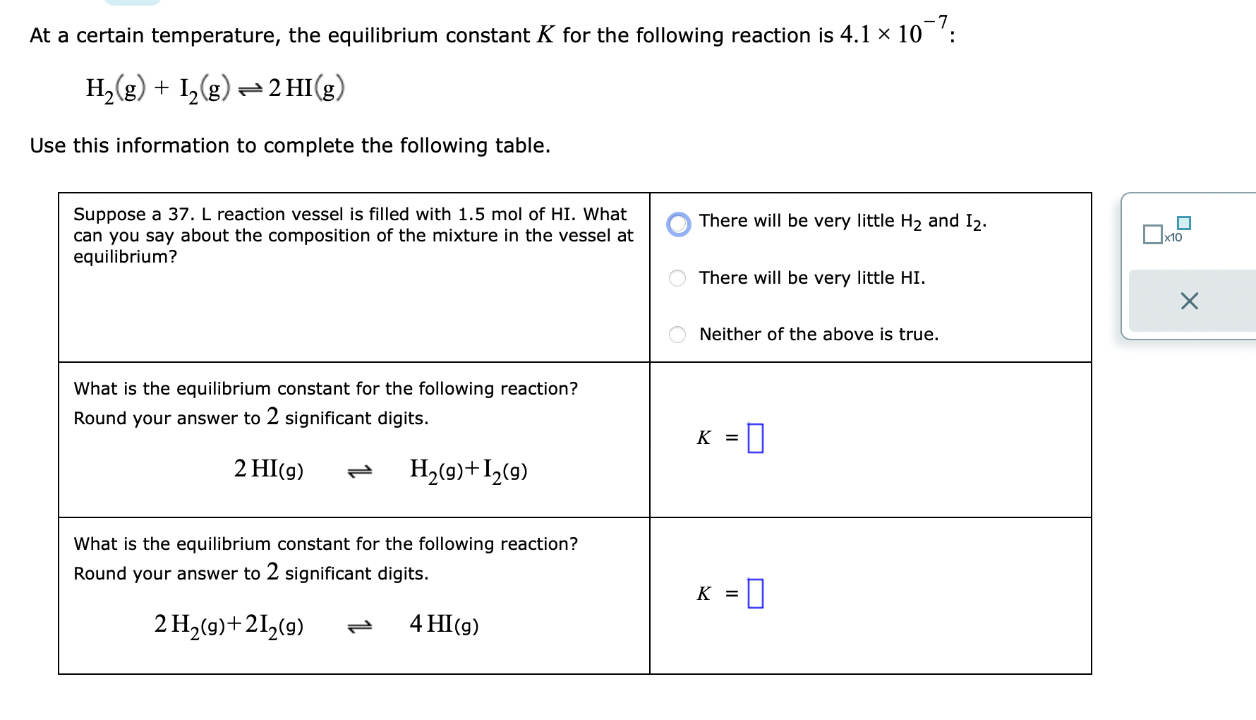 At a certain temperature, the equilibrium constant K for the following