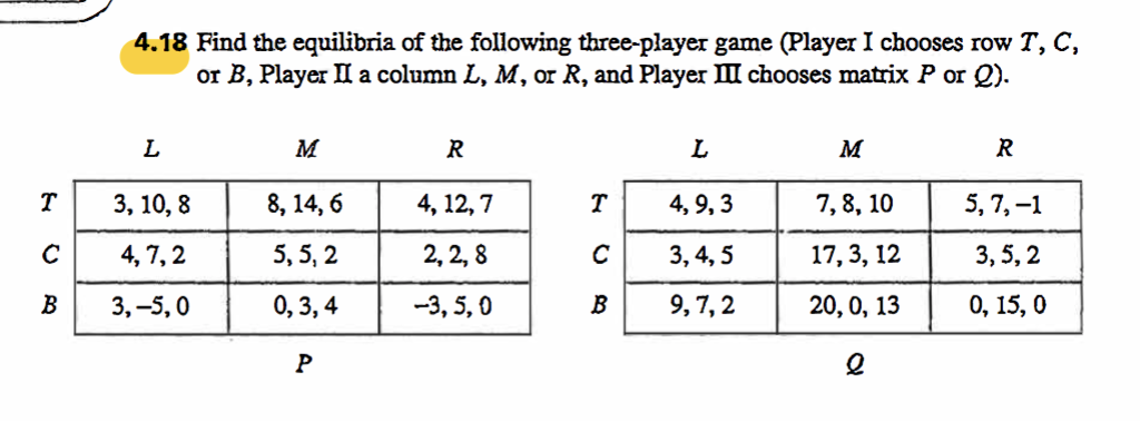 please solve the following game theory problem:Nash equilibrium 4.18 Find the equilibria