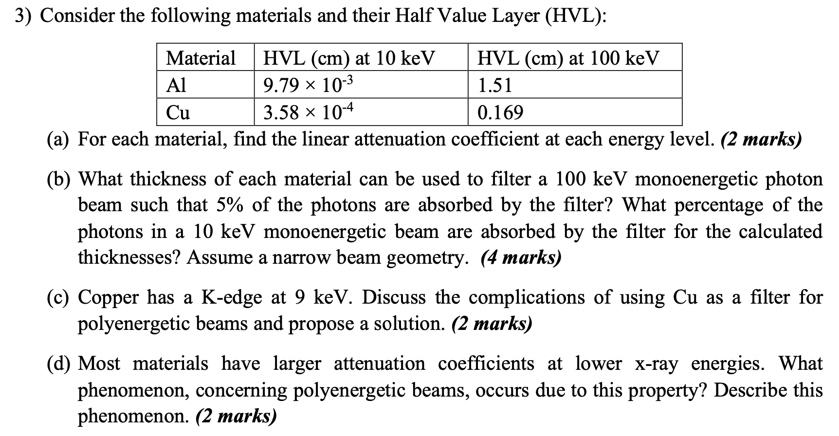 3) Consider the following materials and their Half Value Layer (HVL):