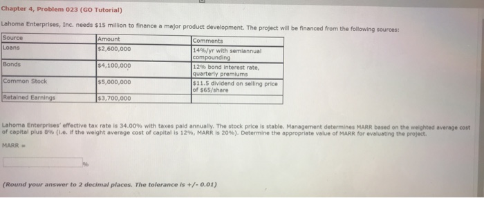  Chapter 4, Problem 023 (GO Tutorial) Lahoma Enterprises, Inc. needs $15