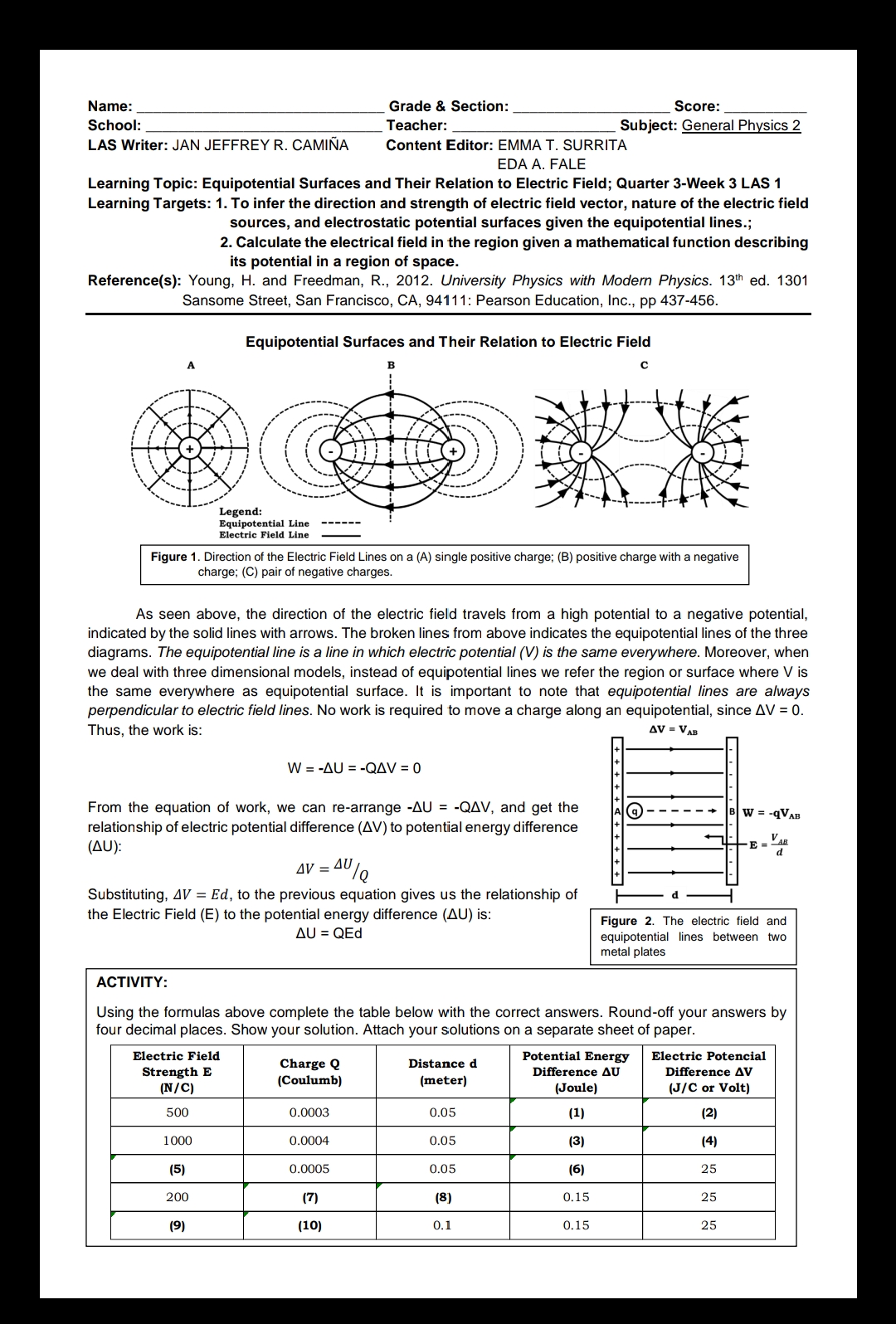 Name: Grade & Section: Score: School: Teacher: Subject: General Physics 2