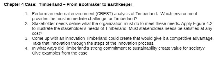  1. Perform an external environment [CREST] analysis ofTImherland. Which environment provides