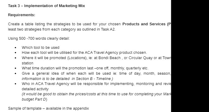Task 3 - Implementation of Marketing Mix Requirements: Create a table