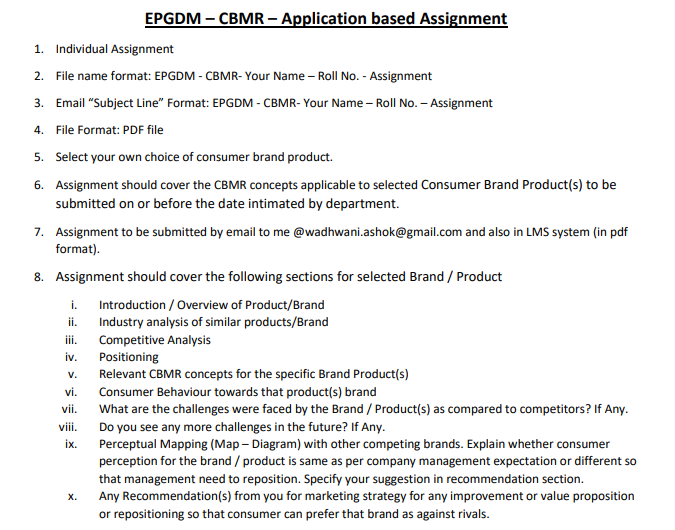  EPGDM - CBMR - Application based Assignment 1. Individual Assignment 2.