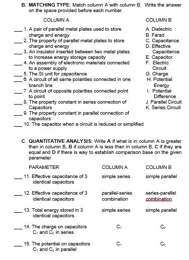  B. MATCHING TYPE: Match column A with column B. Write the