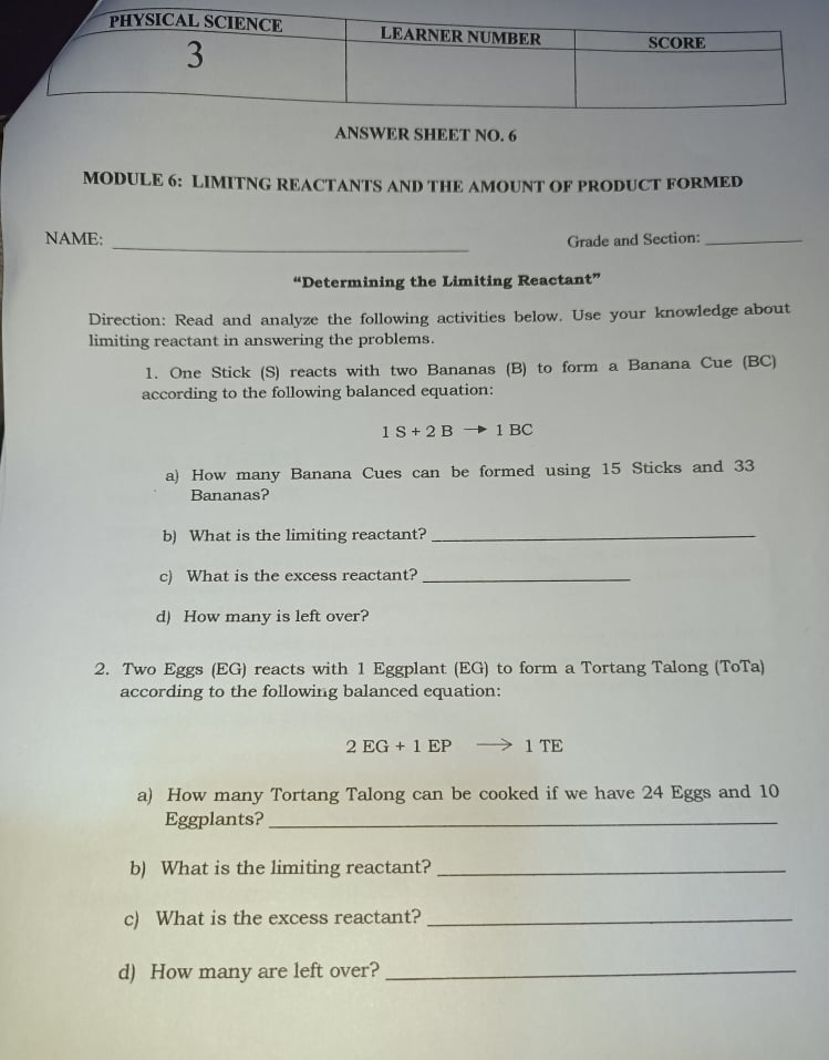PHYSICAL SCIENCE LEARNER NUMBER 3 SCORE ANSWER SHEET NO. 6 MODULE