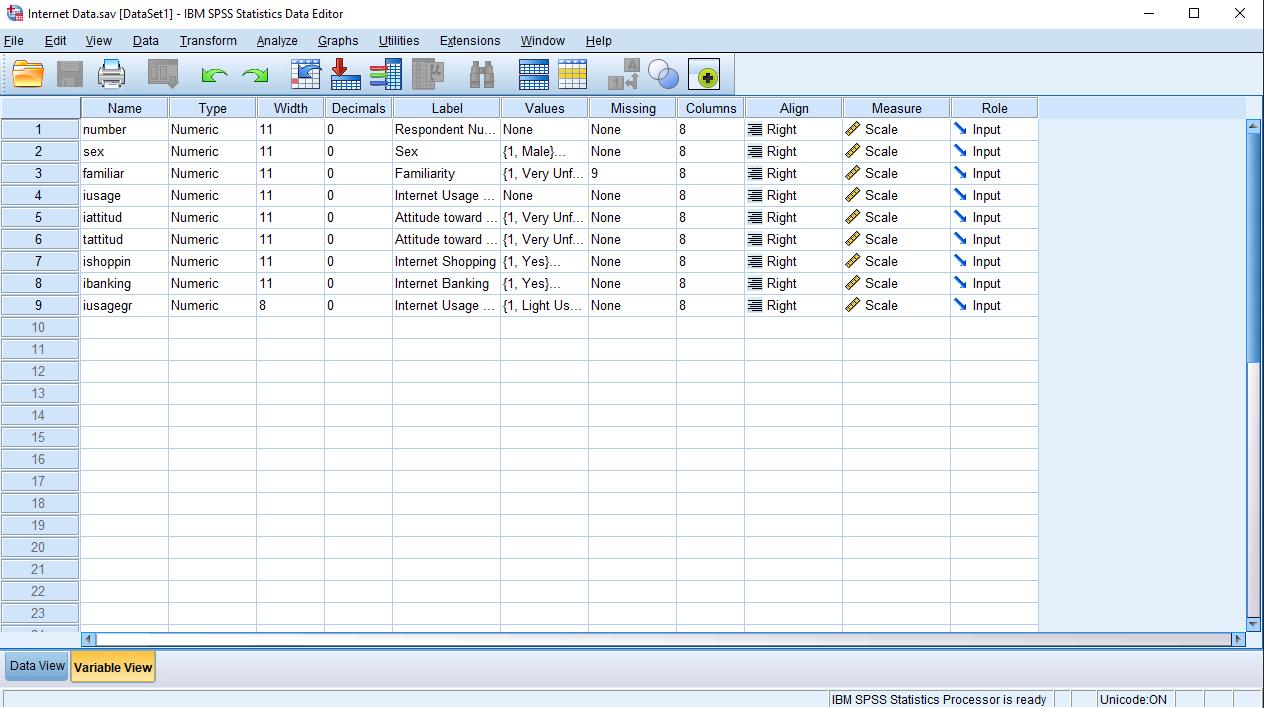 A HHHHH 1 Visible: 9 of 9 Variables number familiar iusage iattitud