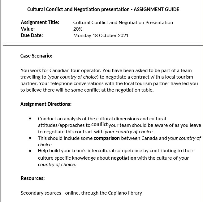Cultural Conflict and Negotiation presentation - ASSIGNMENT GUIDE Assignment Title: Cultural