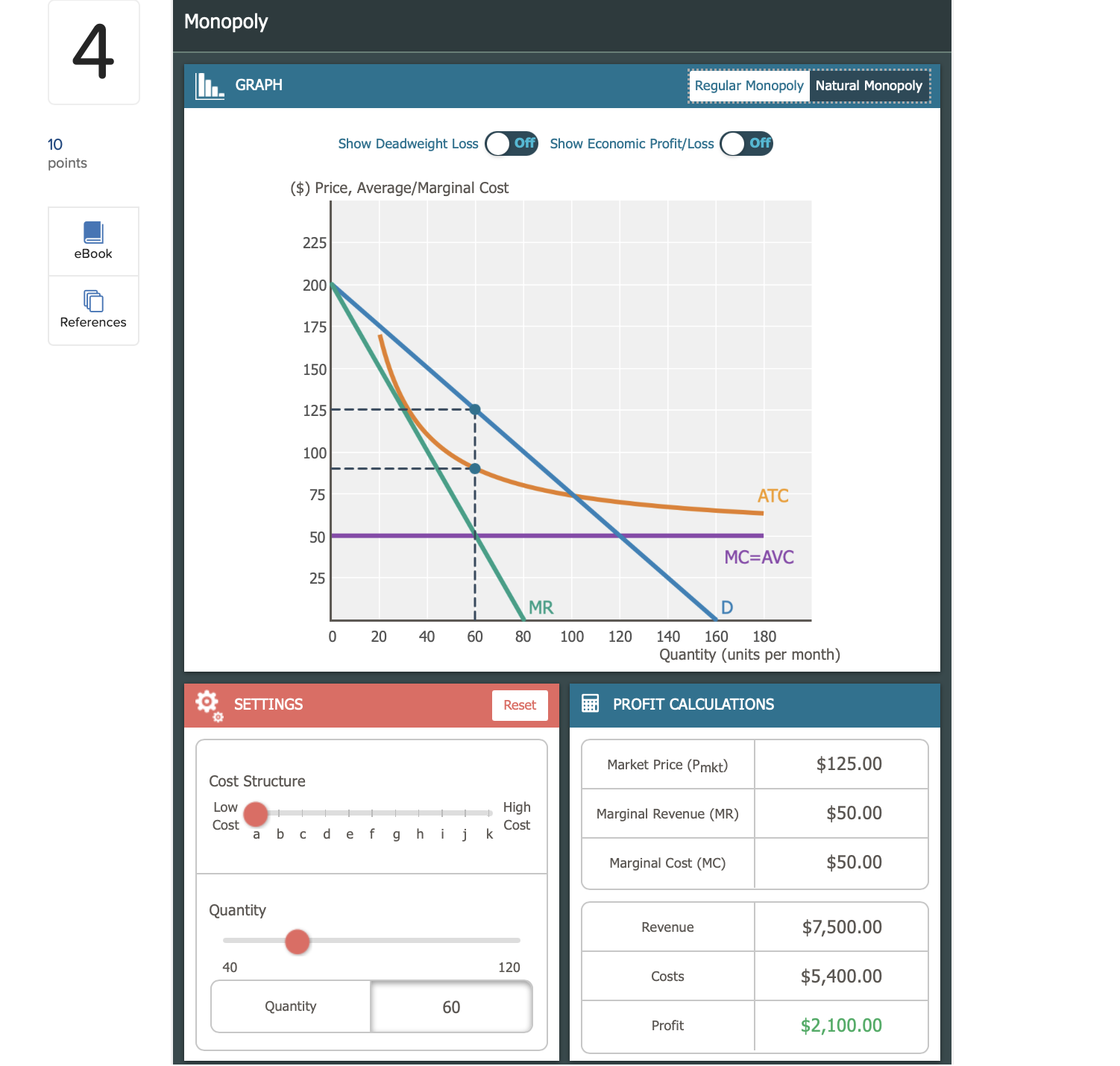 4 Given the following diagram: Monopoly 10 GRAPH Natural points Monopoly Show