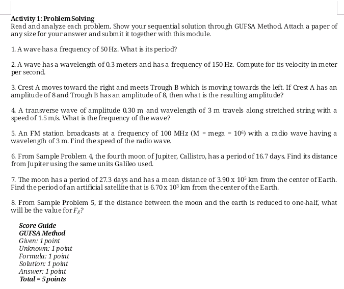 Activity 1: Problem Solving Read and analyze each problem. Show your