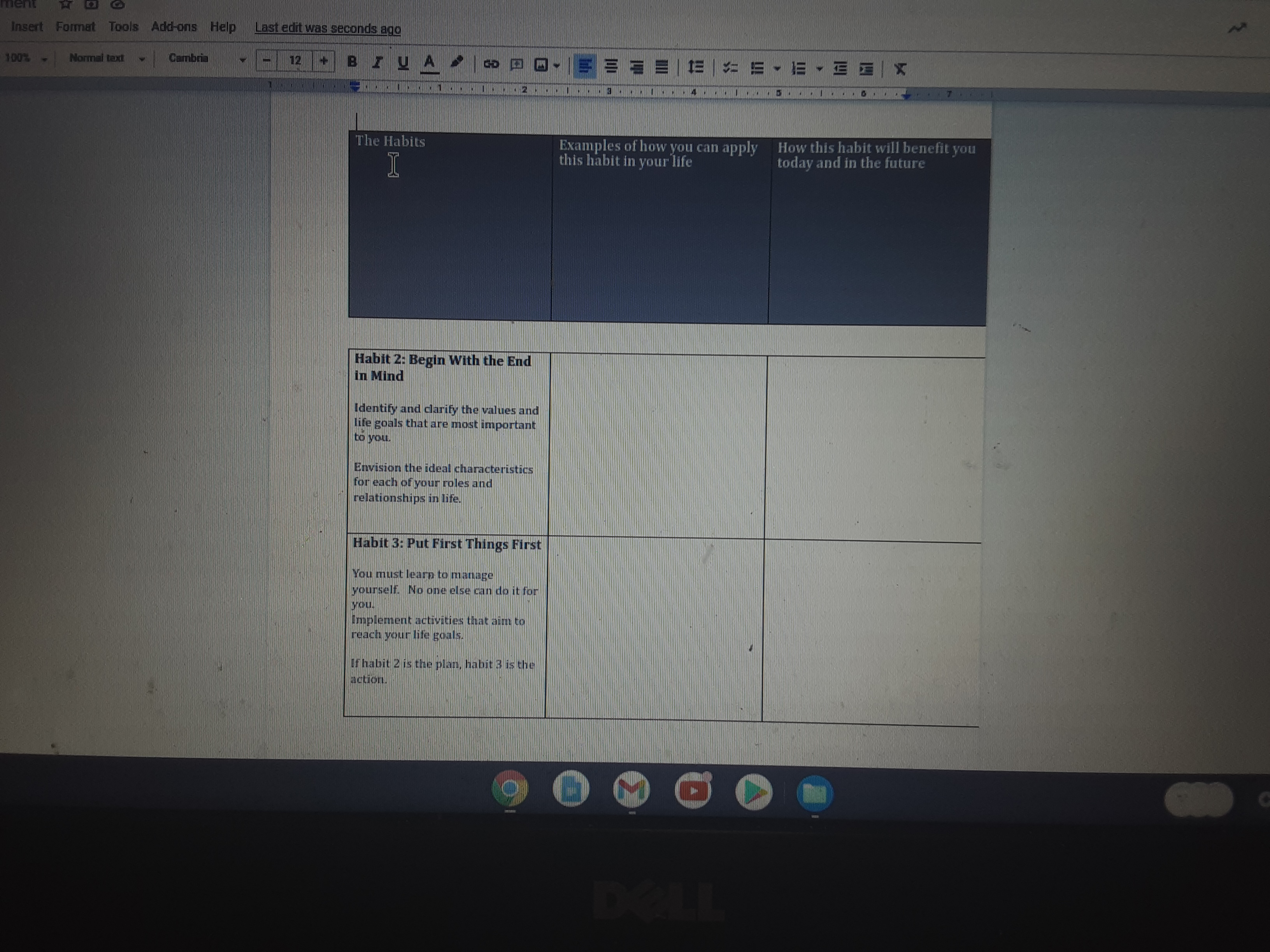 Pls go through this link help me answer thishttps://blog.hubspot.com/sales/habits-of-highly-effective-people-summary Insert Format Tools