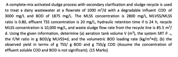  A complete-mix activated sludge process with secondary clarification and sludge recycle