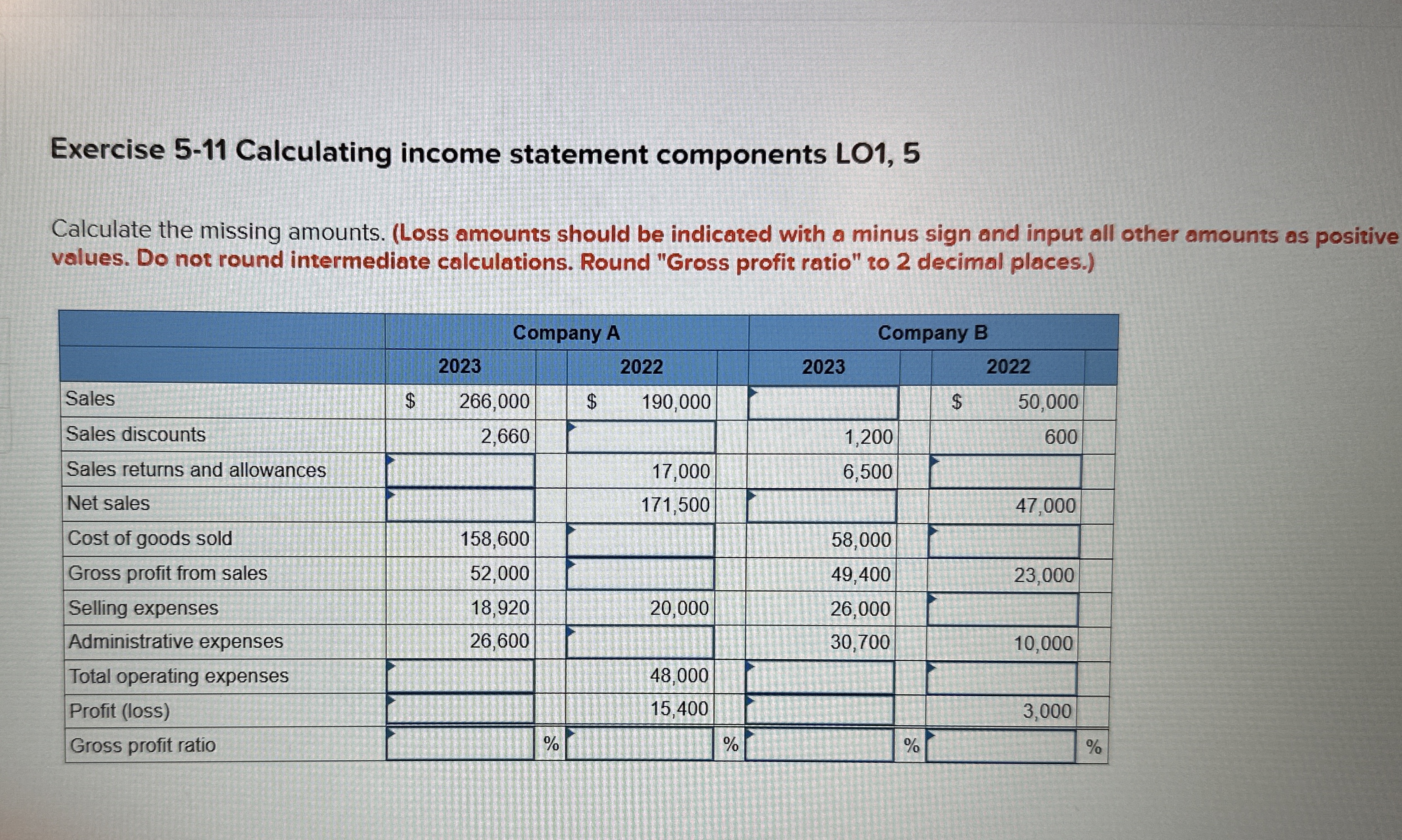  Exercise 5-11 Calculating income statement components LO1,5 Calculate the missing amounts.