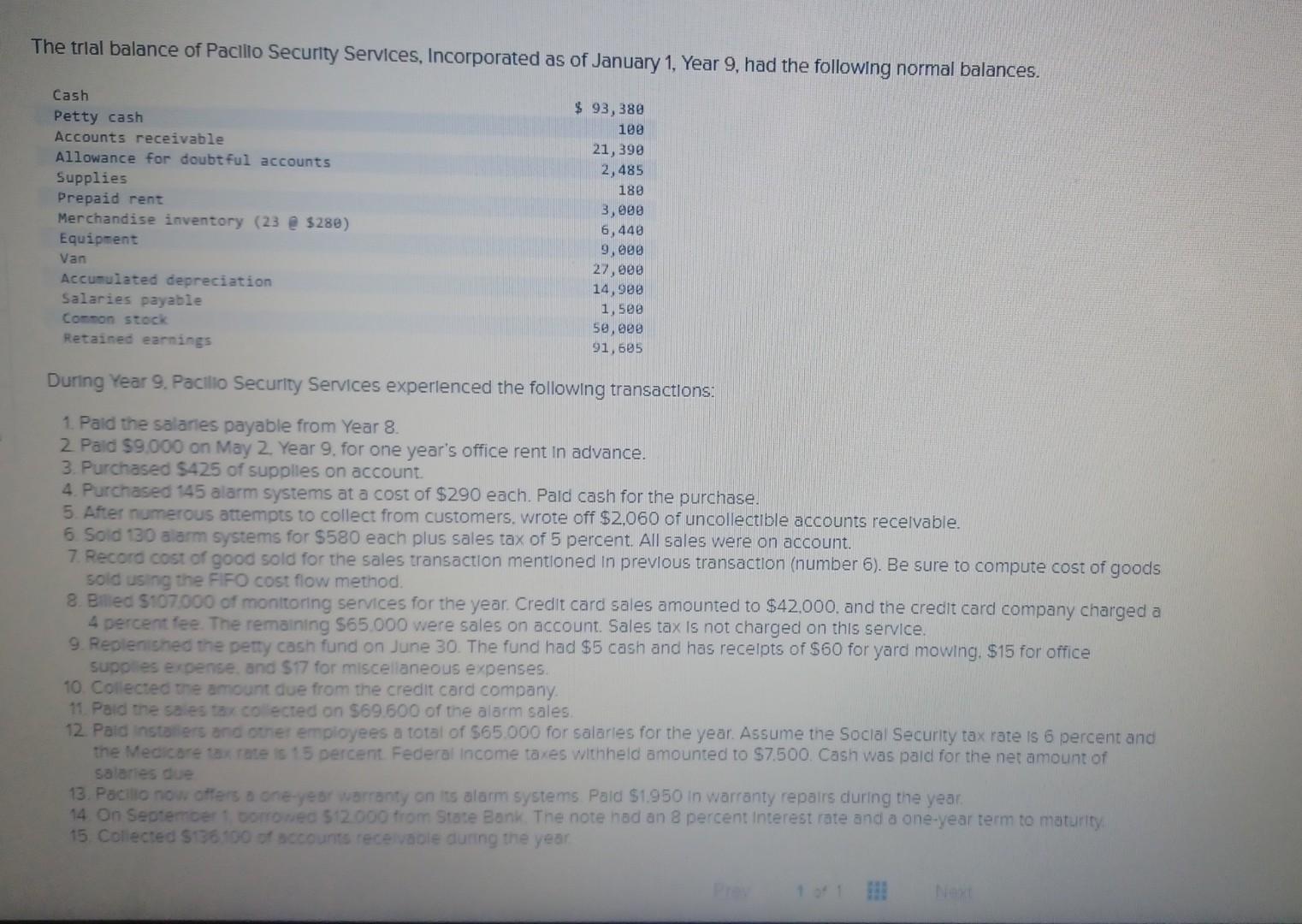 4. Purchased 145 alarm systems at a cost of $290 each. Paid