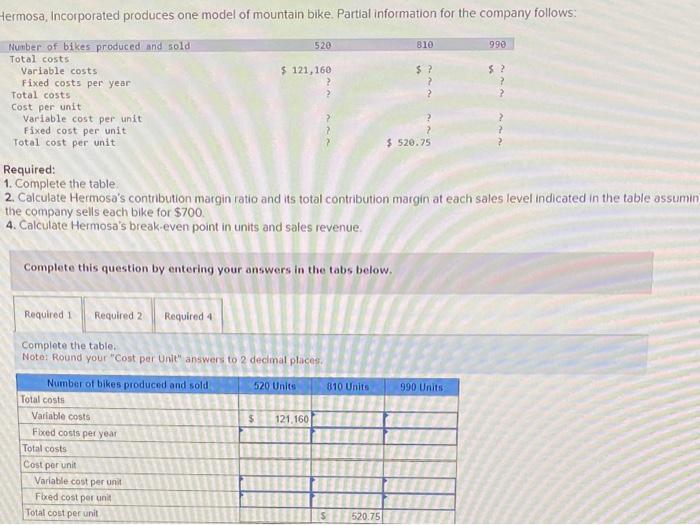 8please do all 3 parts 1. Complete the table. 2. Calculate Hermosa's