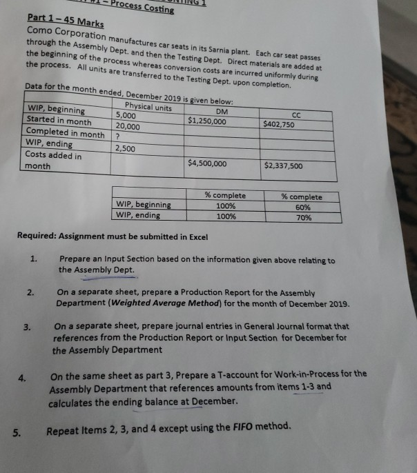 - Process Costing UNING 1 Part 1 - 45 Marks Como